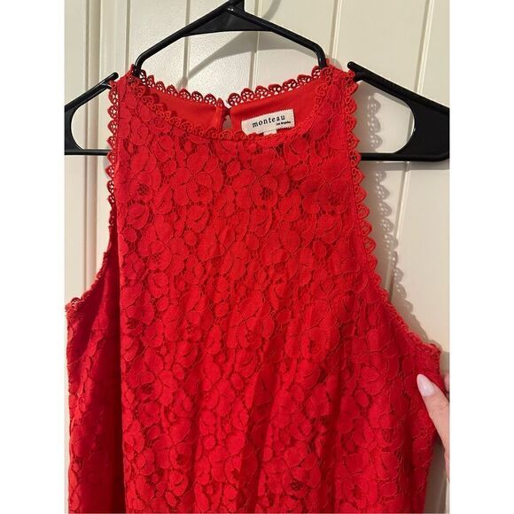Monteau Women’s Red High Neck Lace Dress - Size Medium - 58171 - Picture 6 of 9